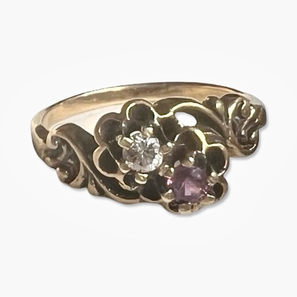 VTG Ruby Diamond Gold Floral Ring 14K size 5.5 - Picture 1 of 4